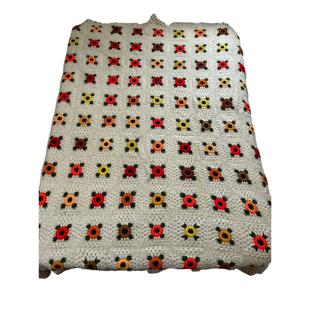 Vintage Handmade Crochet Granny Square Sunflower Blanket /‎ Throw 76x83